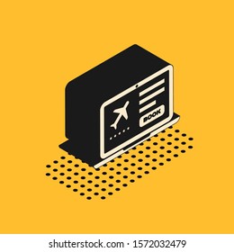 Isometric Laptop with electronic boarding pass airline ticket icon isolated on yellow background. Passenger plane mobile ticket for web and app.  Vector Illustration