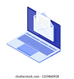 Isometric Laptop with email notification. Get E-mail concept. Vector illustration