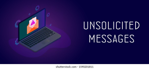 Isometric laptop with envelope icon and e-mail notification with unsolicited messages warning icon. Malware spreading and irrelevant spam mail message concept. Header or footer vector banner template