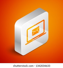 Isometric Laptop with envelope and open email on screen icon isolated on orange background. Email marketing, internet advertising concepts. Silver square button. Vector Illustration