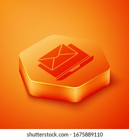 Isometric Laptop with envelope and open email on screen icon isolated on orange background. Email marketing, internet advertising concepts. Orange hexagon button. Vector Illustration