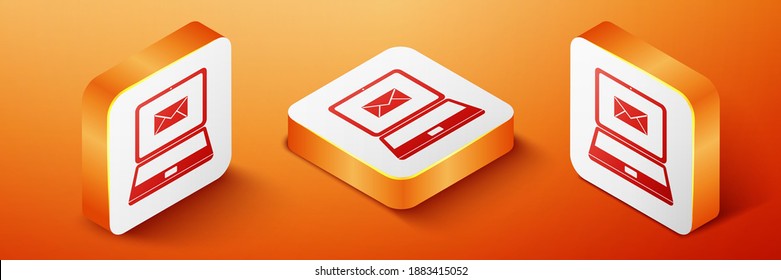 Portátil isométrico con sobre y correo electrónico abierto en el icono de pantalla aislado en el fondo naranja. Marketing por correo electrónico, conceptos de publicidad en Internet. Botón cuadrado naranja. Vector.