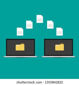 isometric laptop file transfer vector