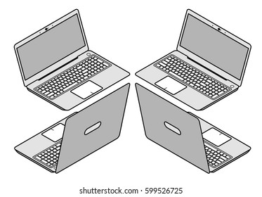 Isometric laptop in four views, vector illustration in outline style
