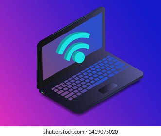 Isometric laptop with free internet. Isometric icon sign of wi-fi signal with laptop. Portable device concept on ultraviolet background. vector eps10