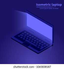Isometric laptop with glowing display vector illustration. 3d digital gadget icon.