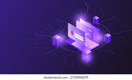 Isometric laptop with glowing lock icon and blockchain cubes representing data security and digital protection.