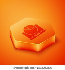 Isometric Laptop with graph chart icon isolated on orange background. Report text file icon. Accounting sign. Audit, analysis, planning. Orange hexagon button. Vector Illustration