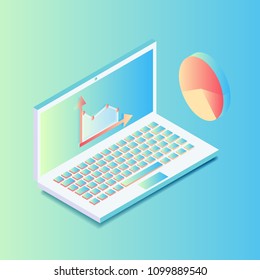 Isometric laptop with graphics in gradient colors - vector illustration of mobile computer with business chart and statistics elements for presentations or infographic.