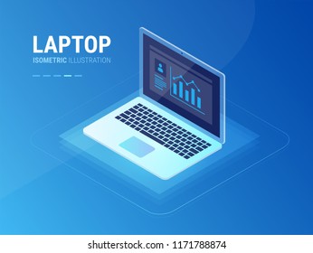 Isometric laptop high quality vector illustration with user information on laptop screen and user data statistics graph icon