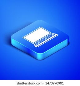 Isometric Laptop icon isolated on blue background. Computer notebook with empty screen sign. Blue square button. Vector Illustration