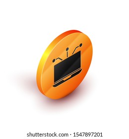 Isometric Laptop icon isolated on white background. Technology and devices concept.. Orange circle button. Vector Illustration