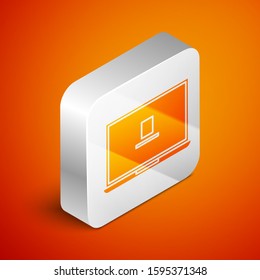 Isometric Laptop icon isolated on orange background. Computer notebook with empty screen sign. Silver square button. Vector Illustration