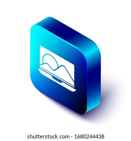 Isometric Laptop icon isolated on white background. Computer notebook with empty screen sign. Blue square button. Vector Illustration