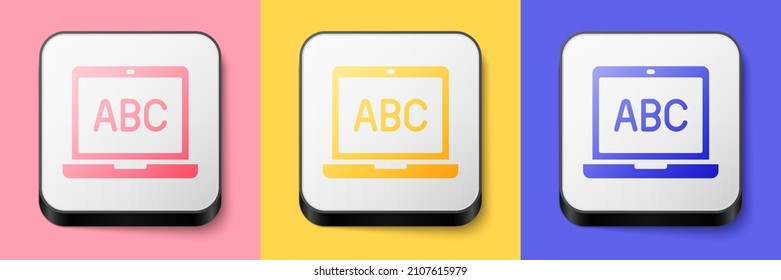 Icono de portátil isométrico aislado en fondo rosa, amarillo y azul. Ordenador portátil con signo de pantalla vacío. Botón cuadrado. Vector