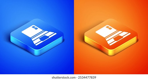 Isometric Laptop icon isolated on blue and orange background. Computer notebook with empty screen sign. Square button. Vector