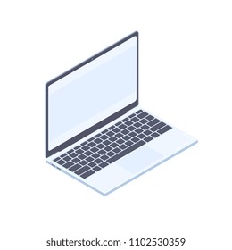 Isometric laptop isolated on white background. Technology and computing design element. Opened notebook with blank display vector cartoon isometric illustration on white background.