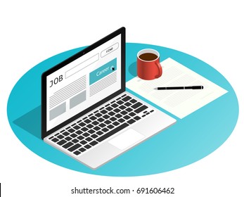 Isometric Laptop Job Search Flat Vector