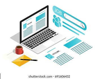 Isometric Laptop Job Search Resume Flat Vector