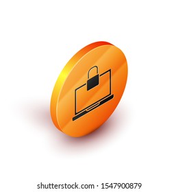Isometric Laptop and lock icon isolated on white background. Computer and padlock. Security, safety, protection concept. Safe internetwork. Orange circle button. Vector Illustration