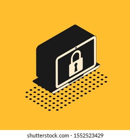 Isometric Laptop and lock icon isolated on yellow background. Computer and padlock. Security, safety, protection concept. Safe internetwork.  Vector Illustration