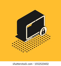 Isometric Laptop and lock icon isolated on yellow background. Computer and padlock. Security, safety, protection concept. Safe internetwork.  Vector Illustration