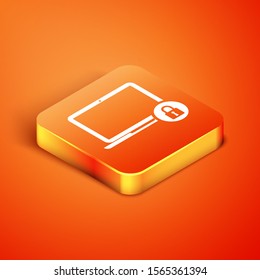 Isometric Laptop and lock icon isolated on orange background. Computer and padlock. Security, safety, protection concept. Safe internetwork.  Vector Illustration
