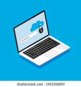 Isometric laptop with locked cloud storage on screen. File protection. Enters password. Data security and privacy concept on computer display. Safe confidential information. Vector illustration.