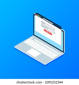 Isometric Laptop with login and password form page on screen. Sign in to account, user authorization, login authentication page concept. Username, password fields. Flat design, vector illustration