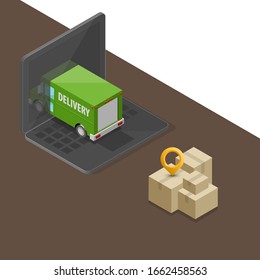 Isometric Laptop Logistics Order Delivery Van Banner. City Cargo Truck Transportation. Fast Delivery 3d Isometry Carrier Transport, Vector Freight Loading Goods. Low Poly Style Isometry Vehicle Truck