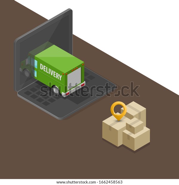 Isometric laptop Logistics order Delivery van\
banner. City cargo truck transportation. Fast delivery 3d isometry\
carrier transport, vector freight loading goods. Low poly style\
isometry vehicle\
truck