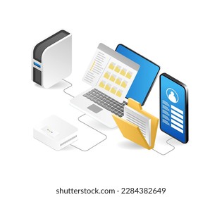 Isometrisches Notebook-Ordner und -Server. Vektorgrafik.