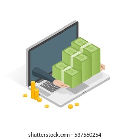 Isometric Laptop With Money Stack Vector Illustration.