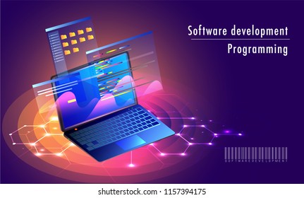 Isometric laptop with multiple screen, store and save folder on shiny purple sci-fi background for Software development programming landing page design.