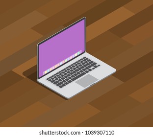 isometric laptop notebook 3d style on top of wooden table with shadow vector graphic illustration
