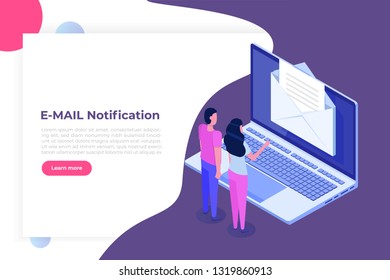 Isometric Laptop with notification.Woman and man receive E-mail. Vector illustration