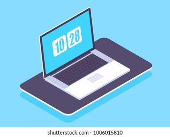 Isometric laptop on blue background. Vector illustration