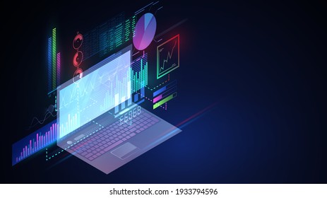 Isometric laptop on dark background with glowing graphs and diagrams