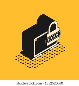 Isometric Laptop with password notification and lock icon isolated on yellow background. Security, personal access, user authorization, login form.  Vector Illustration