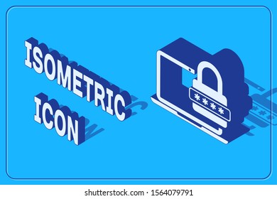 Isometric Laptop with password notification and lock icon isolated on blue background. Security, personal access, user authorization, login form.  Vector Illustration