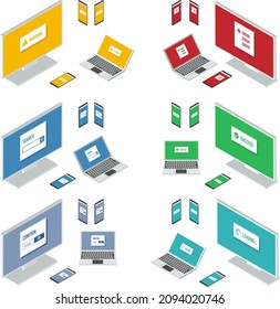 Isometric laptop PC, smartphone and  monitor vector illustration. Showing modal screen variation.
