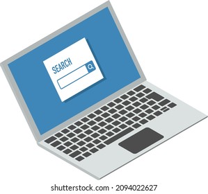 Isometric laptop PC vector illustration. Showing search window.