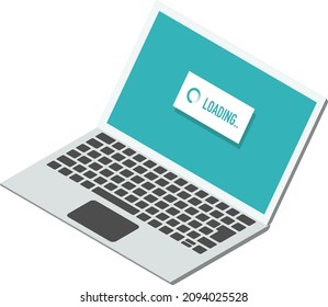 Isometric laptop PC vector illustration. Showing loading spin.