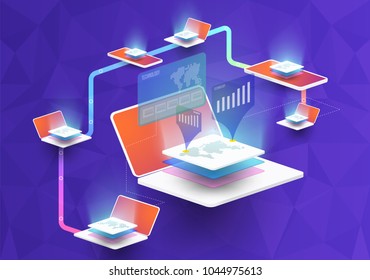 Isometric laptop and Isometric phone. Smart object and smart technology design with different object and icons. 3d vector illustration.analysts and managers working on network start up.