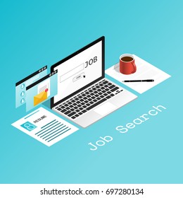 Isometric Laptop Pop Up Job Search Resume Flat Vector