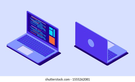 Isometric laptop with program code on screen. Laptop isolated. Vector illustration