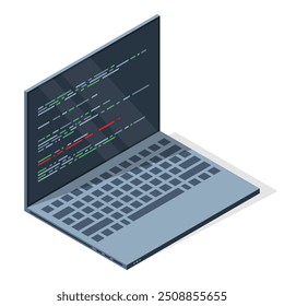Isometric laptop with program code on screen. Programming concept. Web development. Vector illustration