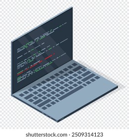 Laptop isométrico com código de programa na tela. Conceito de programação. Desenvolvimento na Web. Ilustração vetorial