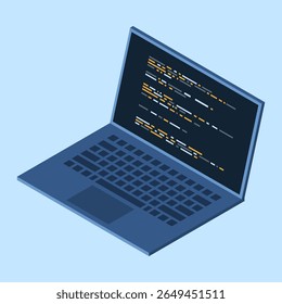 Isometric laptop. Programming on laptop concept with program code. Program code on a laptop screen. Isometric technology. Vector illustration