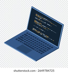Isometric laptop. Programming on laptop concept with program code. Program code on a laptop screen. Isometric technology. Vector illustration